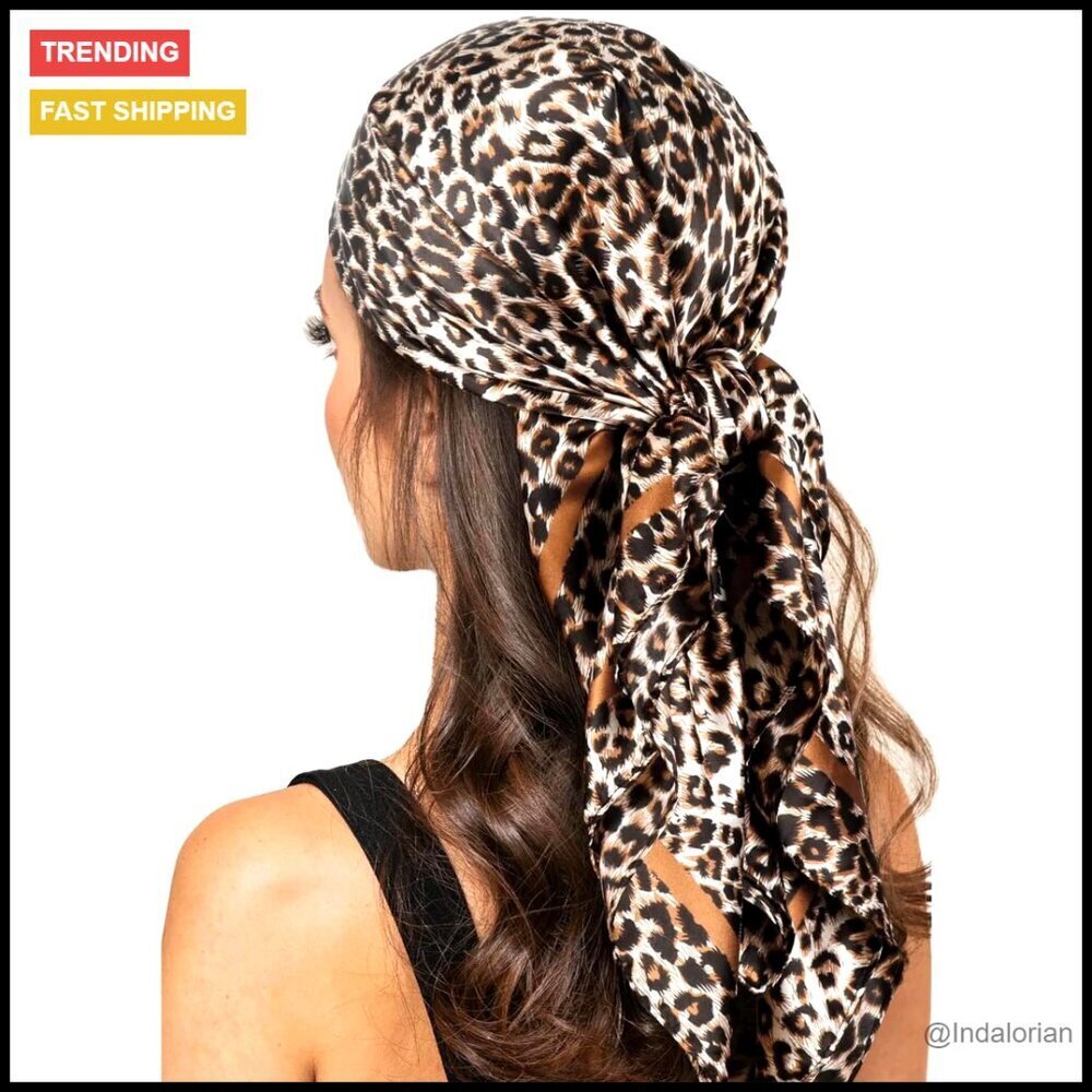 Leopard Print Silk Scarf Large Satin Wrap Elegant Boho Chic Hair Accessory